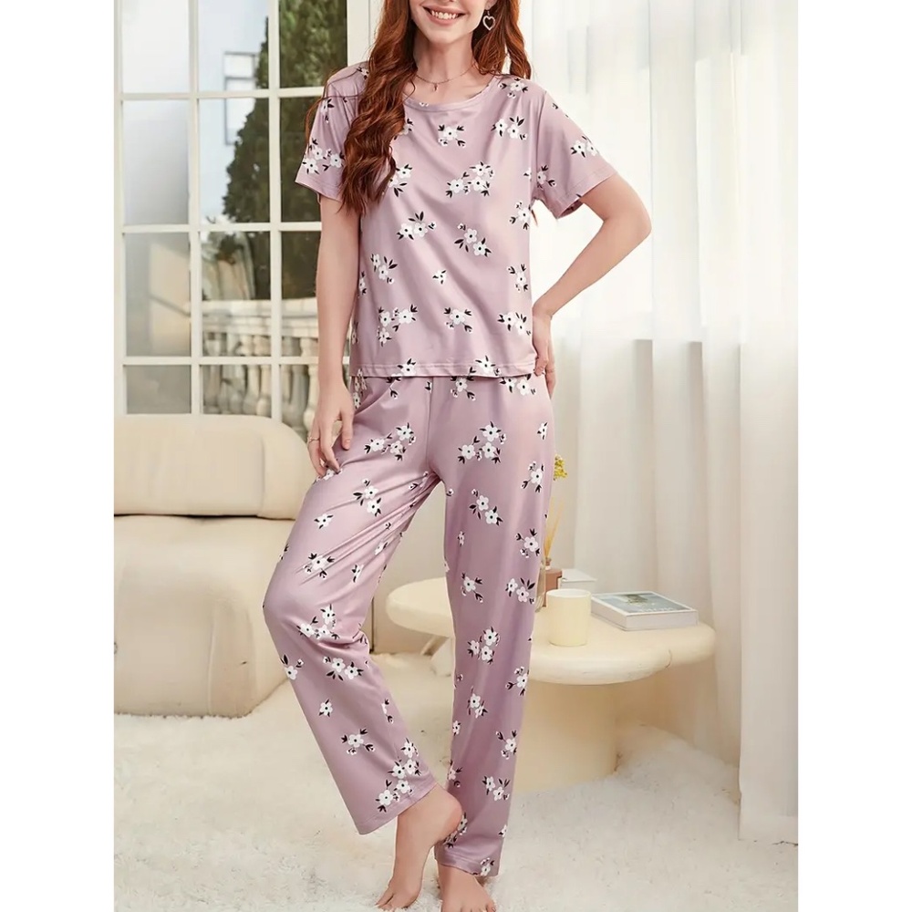 Pajama Set Soft Comfortable Short Sleeve Top & Pants Cute Floral XL - Picture 3 of 9